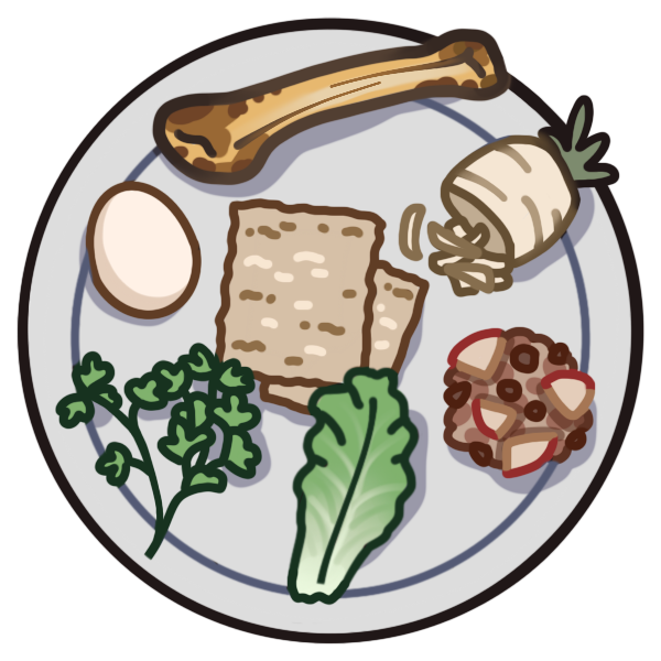 a Seder plate with shank bone, shaved horseradish, charoset with apples, a romaine lettuce leaf, parsley, a hard boiled egg, and matzo.